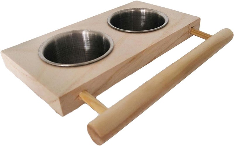 Baoblaze Bird Feeding Dish Cups,Hanging Stainless Steel Parrot Cage Feeder & Water Bowl with Wooden Platform for Parakeet Cockatiels Budgie - Image 3