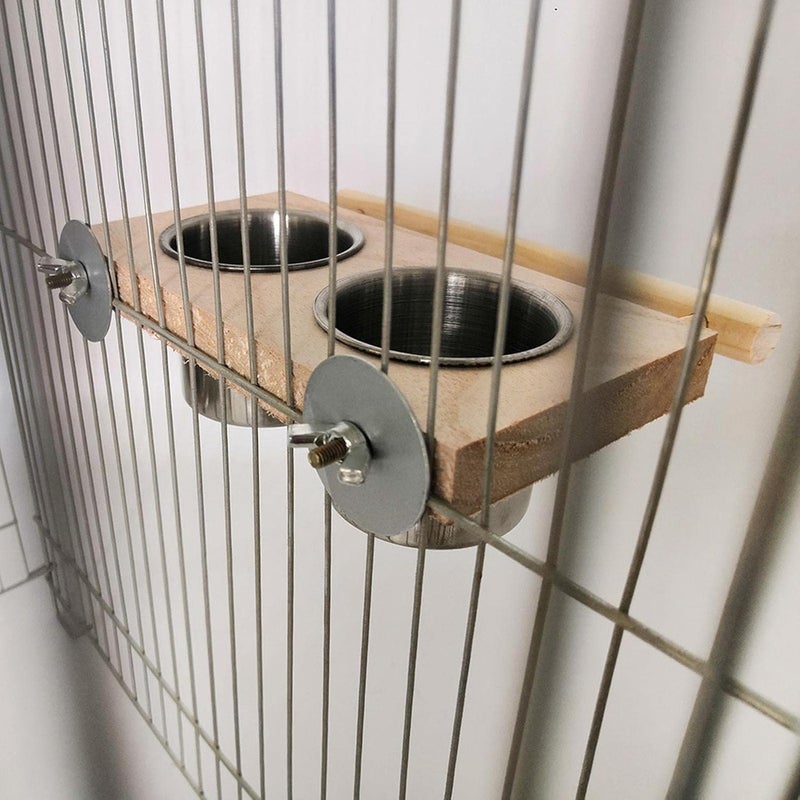 Baoblaze Bird Feeding Dish Cups,Hanging Stainless Steel Parrot Cage Feeder & Water Bowl with Wooden Platform for Parakeet Cockatiels Budgie - Image 5