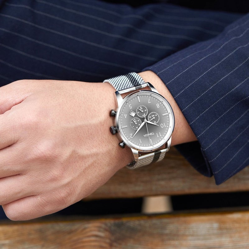 ترندا ساعة رجال من الفولاذ المقاوم للصدأ TRNDA - مينا رمادي متدرج أنيق وسوار شبكي - Image 2