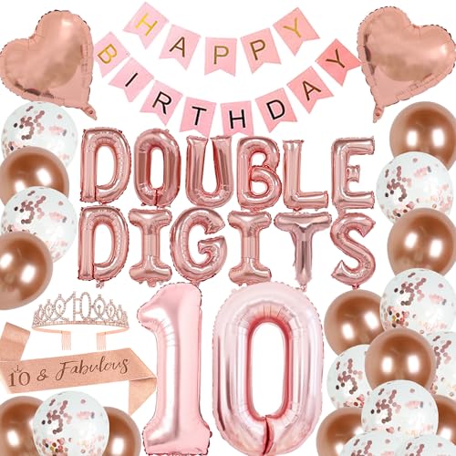 DUFACAI 40 Pieces 10th Birthday Decorations Double Digits Party Balloons Happy Birthday Banner Number 10 Rose Gold Foil Balloons Latex Balloons for 10 Year Old Girls Party Rose gold - Image 1