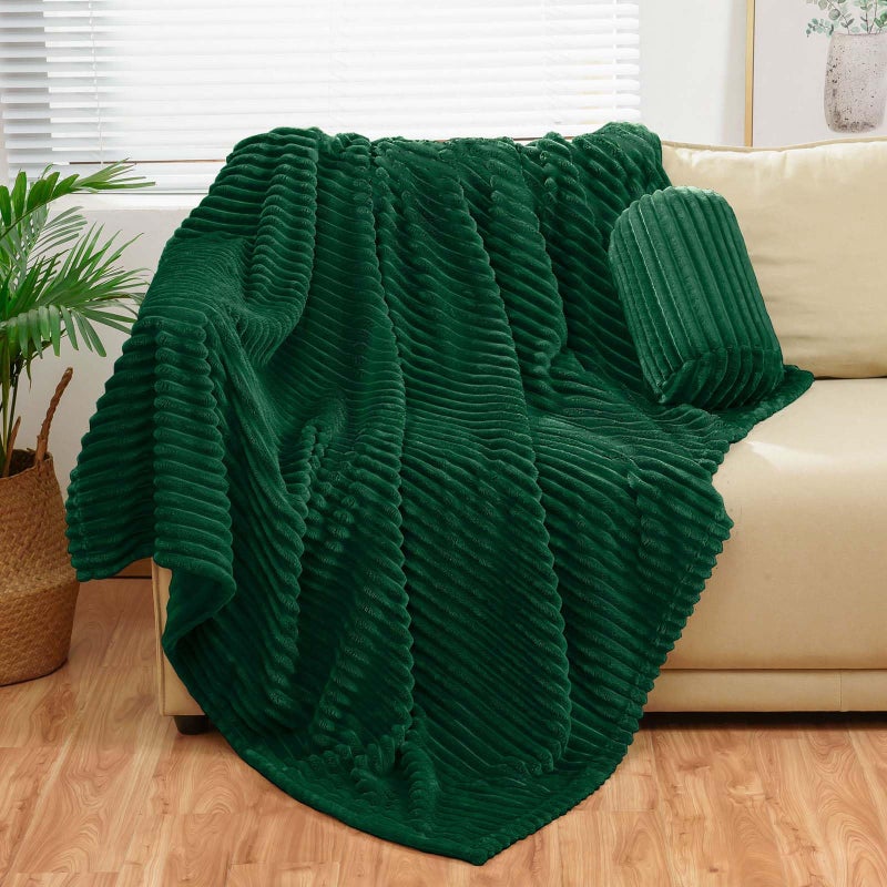 Bnuitland Bnuitland Dark Green Flannel Throw (50X70 inches) with Storage Pouch 300GSM Super Soft Fleece Stripe Pattern Sofa Blanket for Adults and Kids  Lightweight Cozy Bed Throw for Home Decor All Season  - Image 1