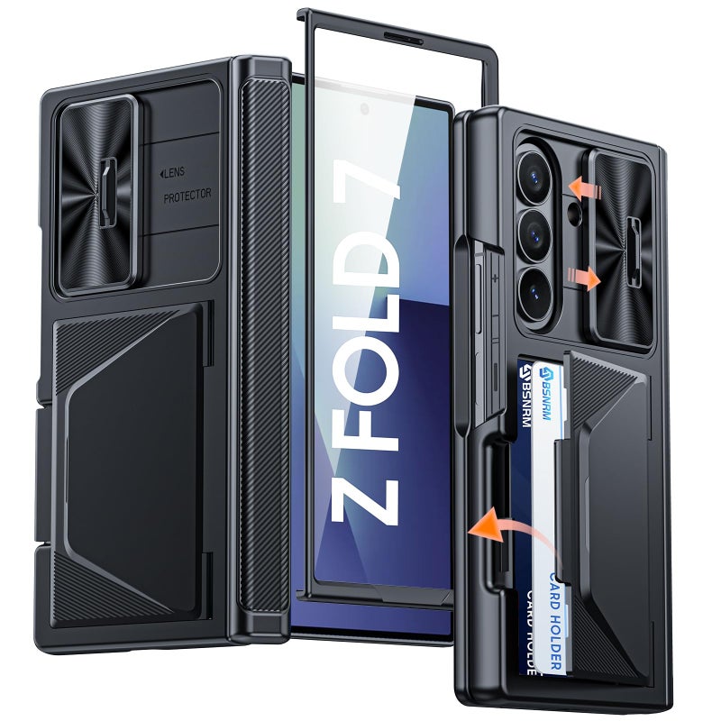 BSNRM for Samsung Galaxy Z Fold 7 Case with Card Holder RFID Blocking Built in Slide Lens Cover Hinge Protection Screen Protector Shockproof Wallet Case for Z Fold 7 Black - Image 2
