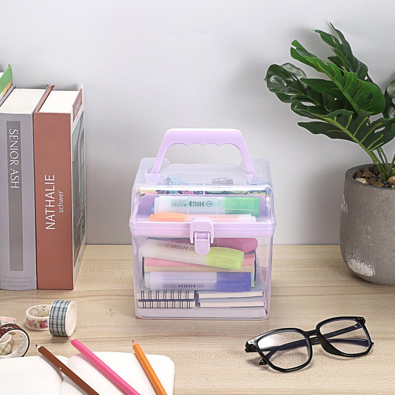 BTSKY Multipurpose Plastic Craft Storage Containers with Removable Tray, Clear Plastic Storage Box with Lid & Handle, Easy Carry & Stack Small Storage Container, 6.3x5.6x6.3 Inch, Square-Purple - Image 2