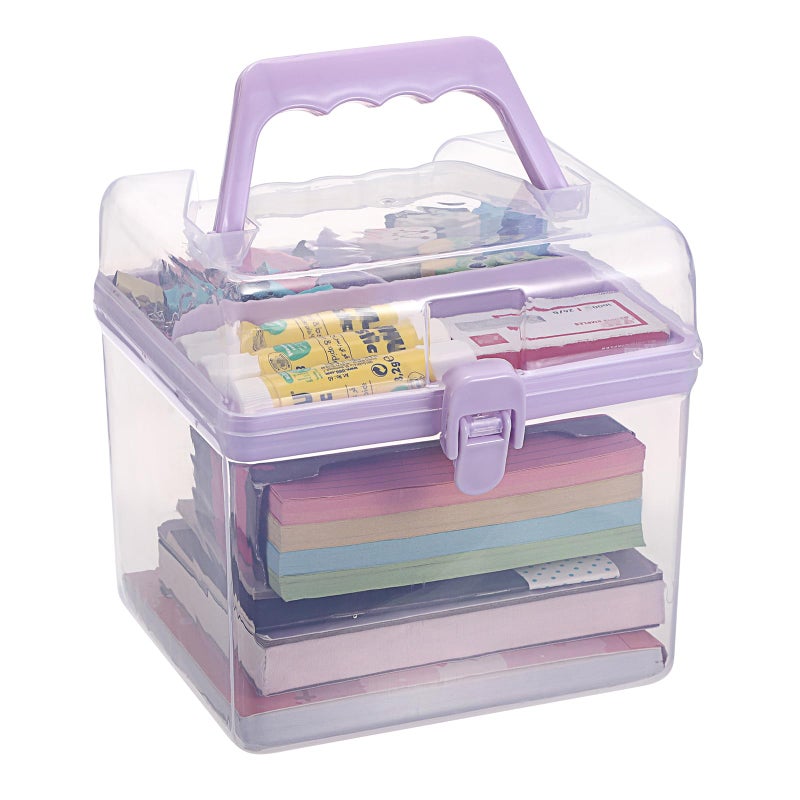 BTSKY Multipurpose Plastic Craft Storage Containers with Removable Tray, Clear Plastic Storage Box with Lid & Handle, Easy Carry & Stack Small Storage Container, 6.3x5.6x6.3 Inch, Square-Purple - Image 1