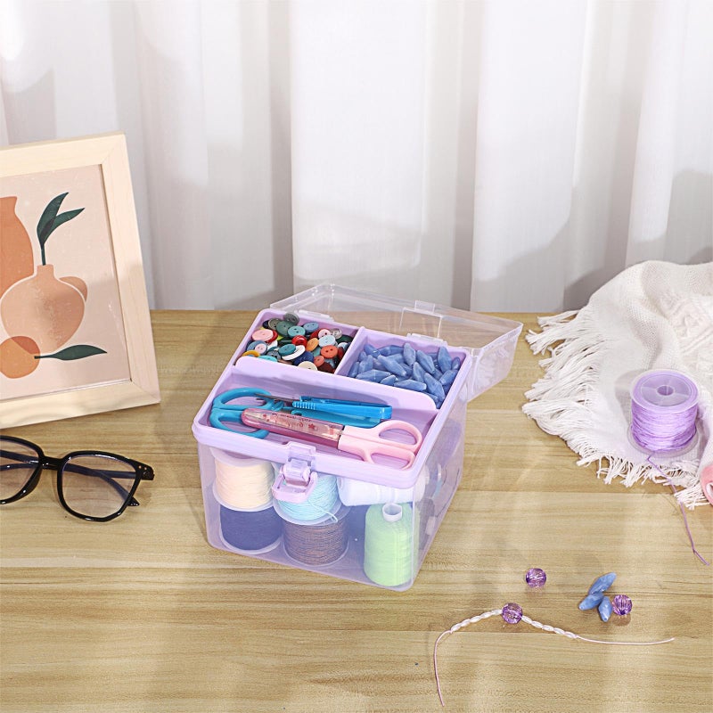 BTSKY Multipurpose Plastic Craft Storage Containers with Removable Tray, Clear Plastic Storage Box with Lid & Handle, Easy Carry & Stack Small Storage Container, 6.3x5.6x6.3 Inch, Square-Purple - Image 5