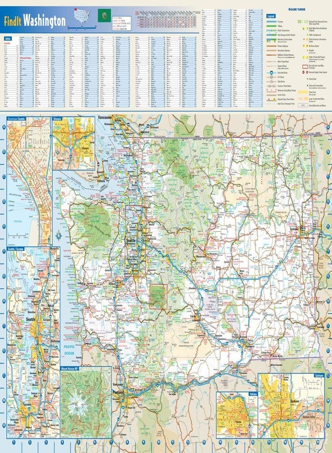 Globe Turner Washington State Wall Map - 20.75" x 18.5" Laminated, Full Color, Street Map, Glossy Finish - Image 1