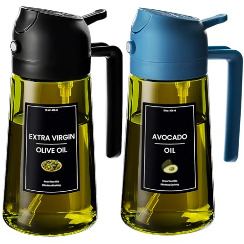 CXINYI - 16oz/470ml Olive Oil Dispenser for Kitchen with Stickers - 2 in 1 Olive Oil Sprayer for Cooking, Air Fryer, and Salad, Black&Blue (Light-Proof Kitchen Gadget) - Image 1