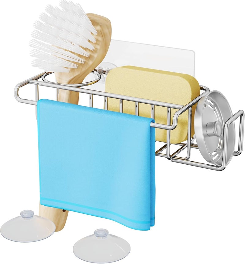 HapiRm 4 in 1 Adhesive Sink Caddy Sponge Holder, SUS304 Stainless Steel Sink Basket Brush Holder + Dish Cloth Hanger + Soap Rack + Sink Stopper Holder with 2 Installation Ways - Silver - Image 1