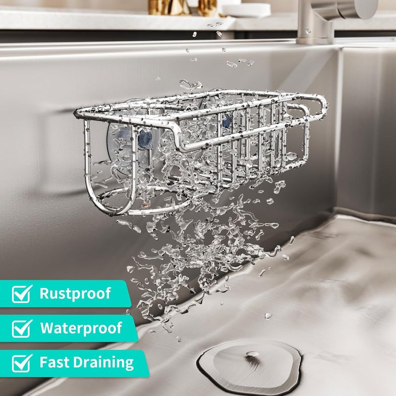 HapiRm 4 in 1 Adhesive Sink Caddy Sponge Holder, SUS304 Stainless Steel Sink Basket Brush Holder + Dish Cloth Hanger + Soap Rack + Sink Stopper Holder with 2 Installation Ways - Silver - Image 4