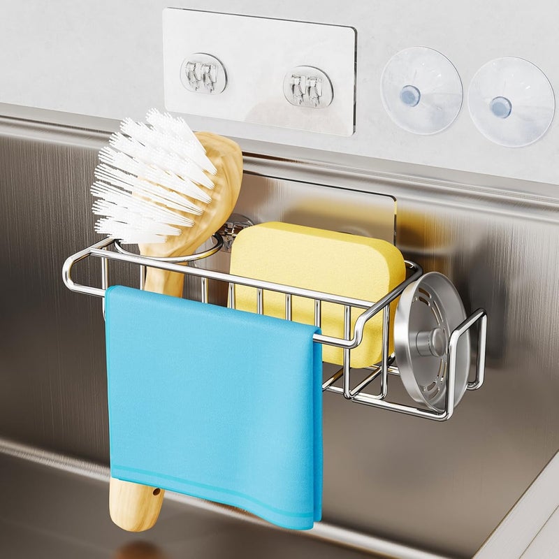 HapiRm 4 in 1 Adhesive Sink Caddy Sponge Holder, SUS304 Stainless Steel Sink Basket Brush Holder + Dish Cloth Hanger + Soap Rack + Sink Stopper Holder with 2 Installation Ways - Silver - Image 2