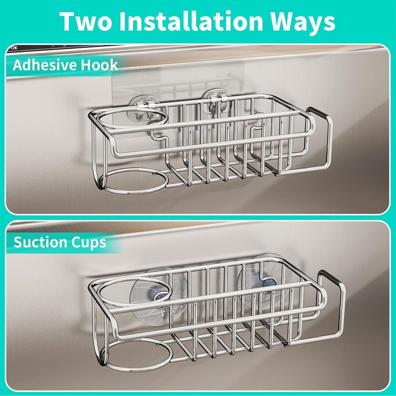 HapiRm 4 in 1 Adhesive Sink Caddy Sponge Holder, SUS304 Stainless Steel Sink Basket Brush Holder + Dish Cloth Hanger + Soap Rack + Sink Stopper Holder with 2 Installation Ways - Silver - Image 3