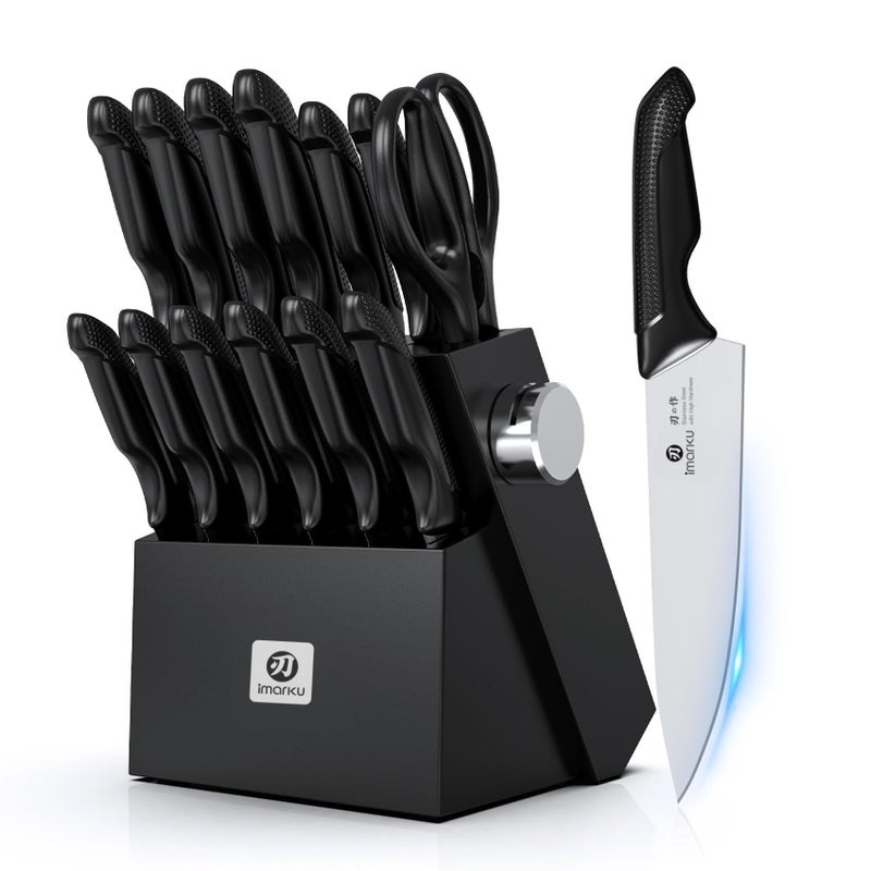imarku Knife Set with Block, Sharp Knives Set with Built-in Sharpener, Stainless Steel Kitchen Knife Sets with Non-Slip Ergonomic Handle, Dishwasher Safe, 14 PCS Professional Knife Set for Gift, Black - Image 1