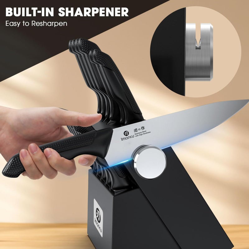 imarku Knife Set with Block, Sharp Knives Set with Built-in Sharpener, Stainless Steel Kitchen Knife Sets with Non-Slip Ergonomic Handle, Dishwasher Safe, 14 PCS Professional Knife Set for Gift, Black - Image 4