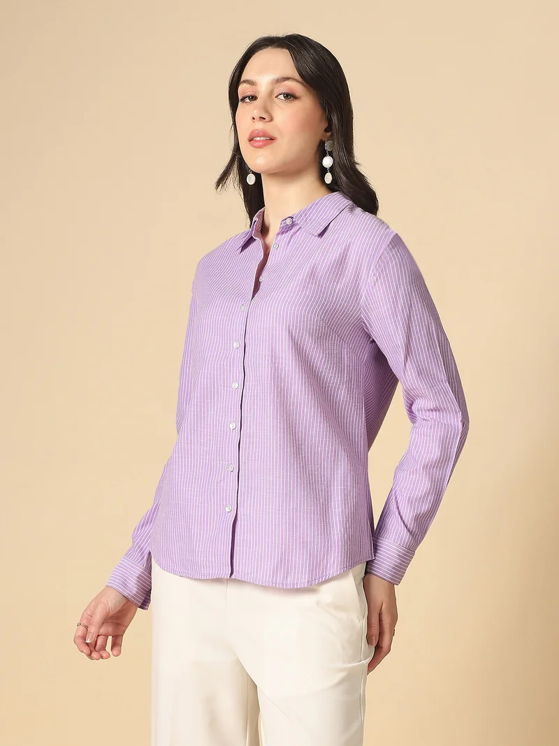globus Globus Women Lavender Collared Neck Cuffed Sleeves Vertical Stripes Curved Hem Straight Fit Workwear Shirt