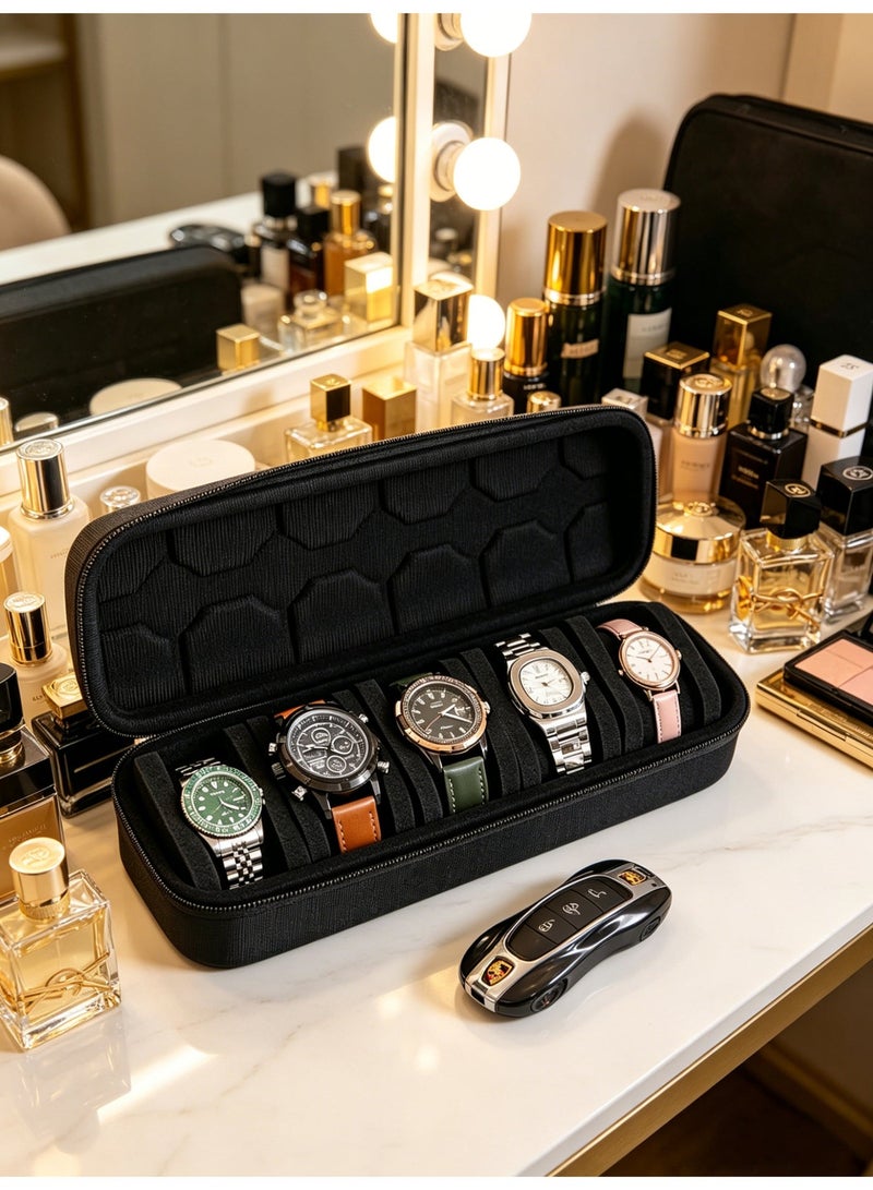 SEN WEIR 5-Slot Watch Travel Case for Men and Women, Portable Zippered Storage Box with Soft Compressible Foam Pillow for Large and Small Watches - Image 3