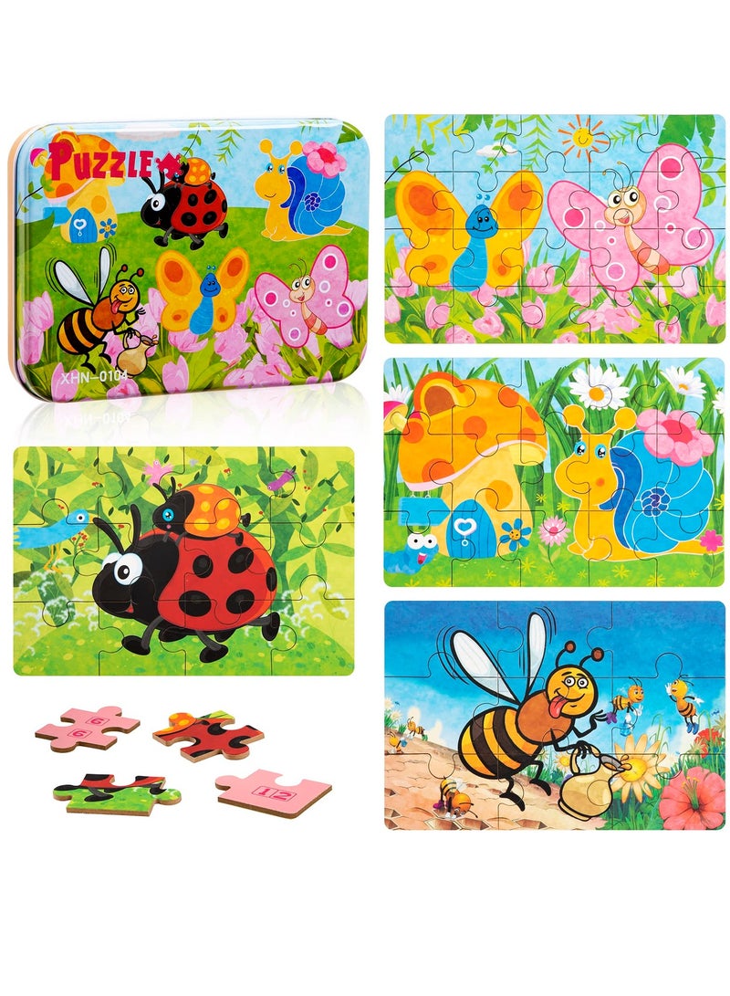 SOLARAE Wooden Jigsaw Puzzles Toy for Kids, Toddler Animal Puzzle 4 in 1 Metal Box, 4 Themes for Preschool Boy Girl 3 4 5 6 Years Old, Montessori Learning Educational Tool Gift for Birthday (Insects) - Image 1
