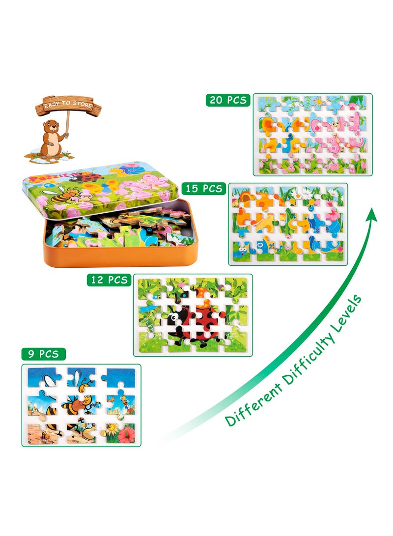 SOLARAE Wooden Jigsaw Puzzles Toy for Kids, Toddler Animal Puzzle 4 in 1 Metal Box, 4 Themes for Preschool Boy Girl 3 4 5 6 Years Old, Montessori Learning Educational Tool Gift for Birthday (Insects) - Image 4