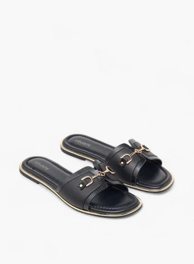 سيليست Women's Textured Slip-On Flat Sandals with Metal Accent