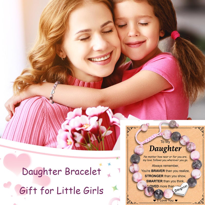 Esrial Daughter Granddaughter Gifts - Heart Natural Stone Beaded Bracelet for Girls, Christmas Valentines Easter Birthday Jewelry Gifts for Girls Daughter Granddaughterï¼ˆPink Zebra Jasperï¼‰ - Image 3
