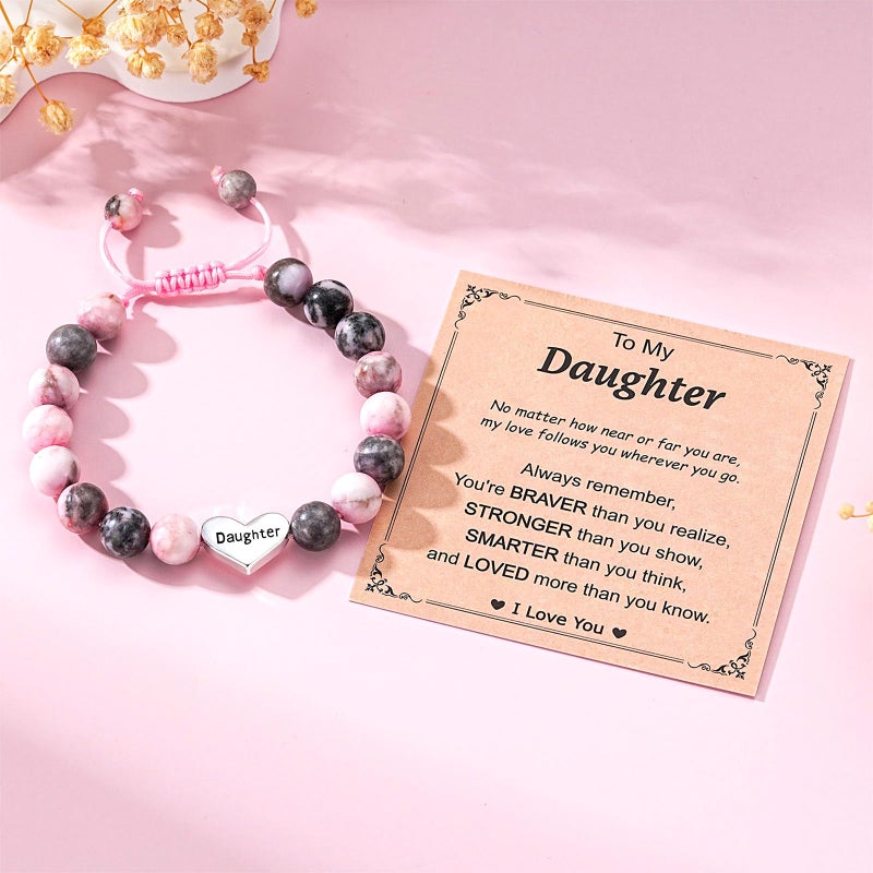 Esrial Daughter Granddaughter Gifts - Heart Natural Stone Beaded Bracelet for Girls, Christmas Valentines Easter Birthday Jewelry Gifts for Girls Daughter Granddaughterï¼ˆPink Zebra Jasperï¼‰ - Image 2