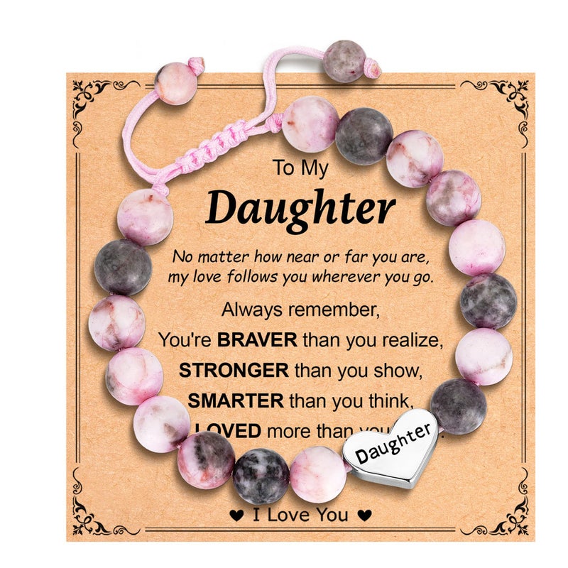 Esrial Daughter Granddaughter Gifts - Heart Natural Stone Beaded Bracelet for Girls, Christmas Valentines Easter Birthday Jewelry Gifts for Girls Daughter Granddaughterï¼ˆPink Zebra Jasperï¼‰ - Image 1