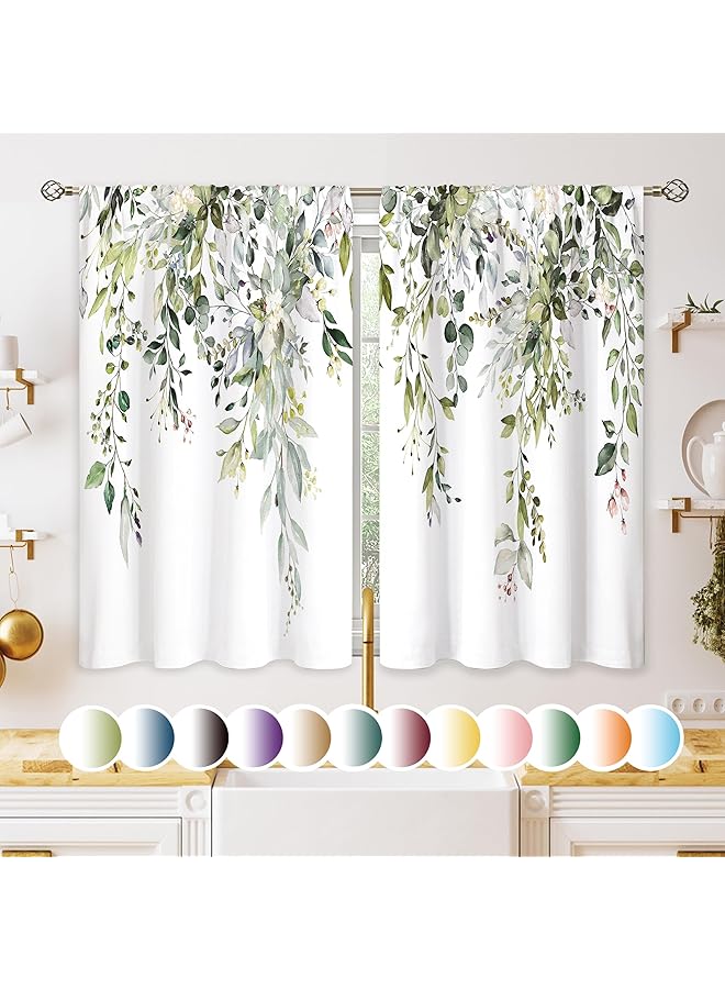 إيروريكس ستائر نافذة المطبخ ذات الأوراق النباتية من الأوكالبتوس فوق الحوض، أوراق الزهور الريفية، معالجة النوافذ الصغيرة، ستائر قصيرة للمقهى باللون الأخضر المريمية للحمام، ستائر متعددة الطبقات 27.5 × 39 بوصة - Image 1