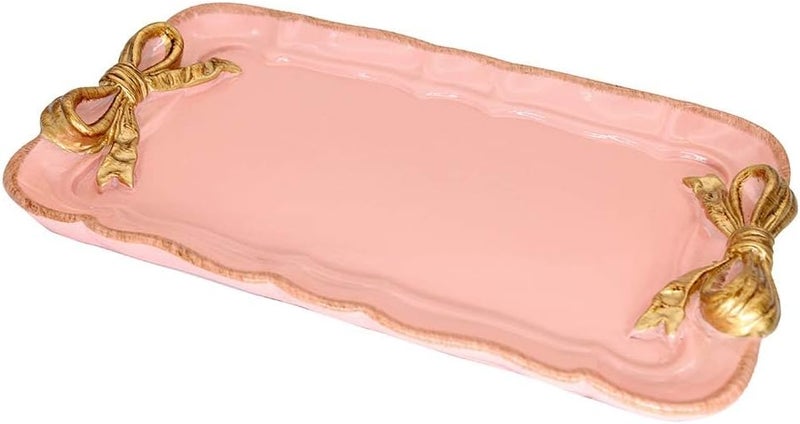 Warmtree Vintage Decorative Tray Jewelry Tray Towel Tray Storage Tray Rings Necklace Bracelets Earrings Trays Cosmetics Jewelry Organizer Retro Design Bow Decor Resin Plate Coquette Room Decor (Pink) - Image 1