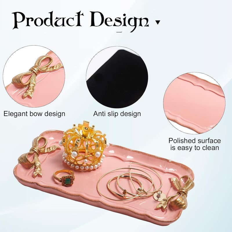 Warmtree Vintage Decorative Tray Jewelry Tray Towel Tray Storage Tray Rings Necklace Bracelets Earrings Trays Cosmetics Jewelry Organizer Retro Design Bow Decor Resin Plate Coquette Room Decor (Pink) - Image 3
