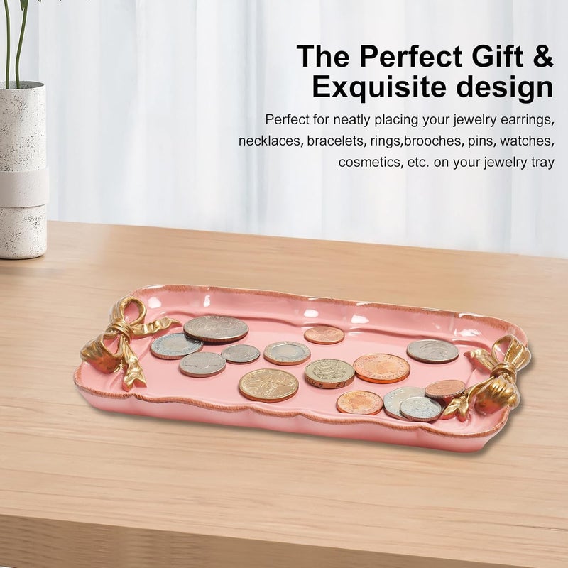 Warmtree Vintage Decorative Tray Jewelry Tray Towel Tray Storage Tray Rings Necklace Bracelets Earrings Trays Cosmetics Jewelry Organizer Retro Design Bow Decor Resin Plate Coquette Room Decor (Pink) - Image 4