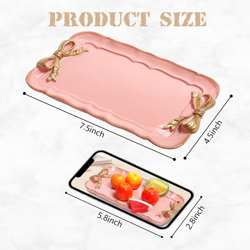 Warmtree Vintage Decorative Tray Jewelry Tray Towel Tray Storage Tray Rings Necklace Bracelets Earrings Trays Cosmetics Jewelry Organizer Retro Design Bow Decor Resin Plate Coquette Room Decor (Pink) - Image 2