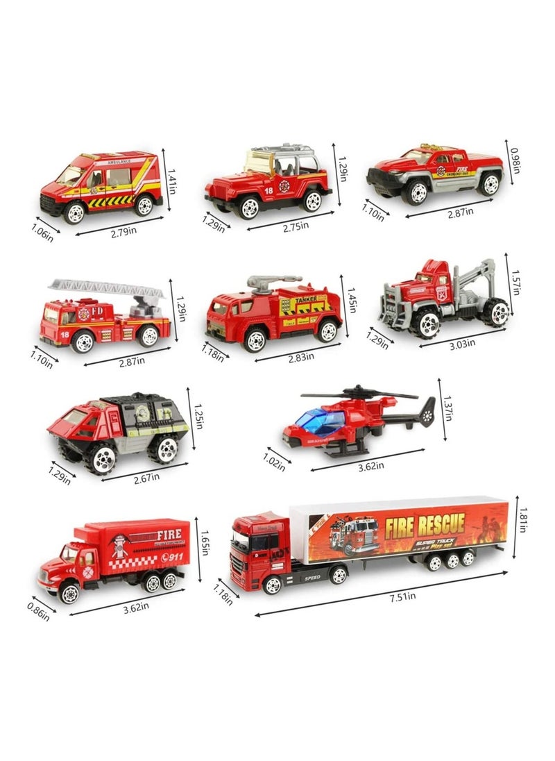 Generic - 10 in 1 Fire Truck Toys, Mini Die-cast Fire Engine Car Toy Set in Carrier Truck, Rescue Emergency Double Side Transport Vehicle for 3 Years Old Boys and Girls - Image 1