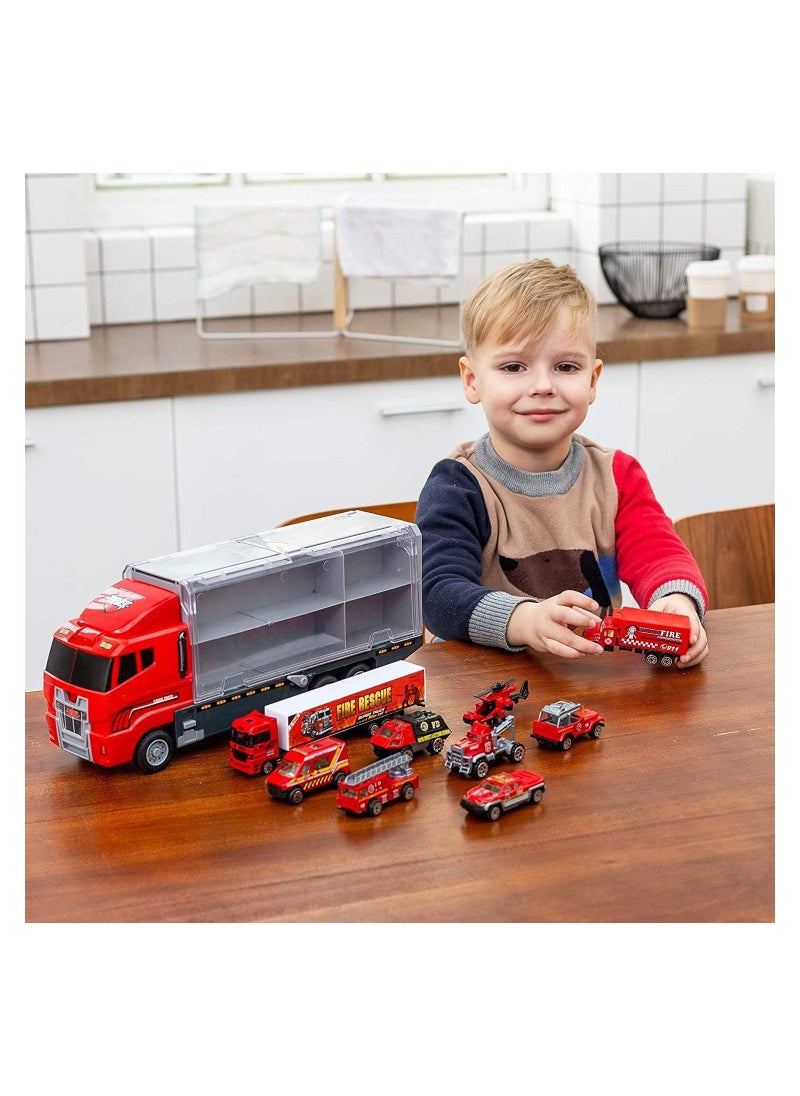 Generic - 10 in 1 Fire Truck Toys, Mini Die-cast Fire Engine Car Toy Set in Carrier Truck, Rescue Emergency Double Side Transport Vehicle for 3 Years Old Boys and Girls - Image 1