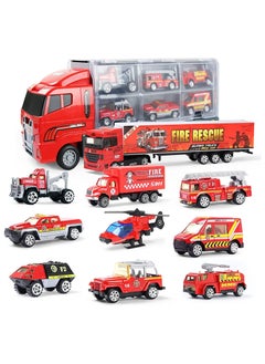 10 in 1 Fire Truck Toys, Mini Die-cast Fire Engine Car Toy Set in Carrier Truck, Rescue Emergency Double Side Transport Vehicle for 3 Years Old Boys and Girls