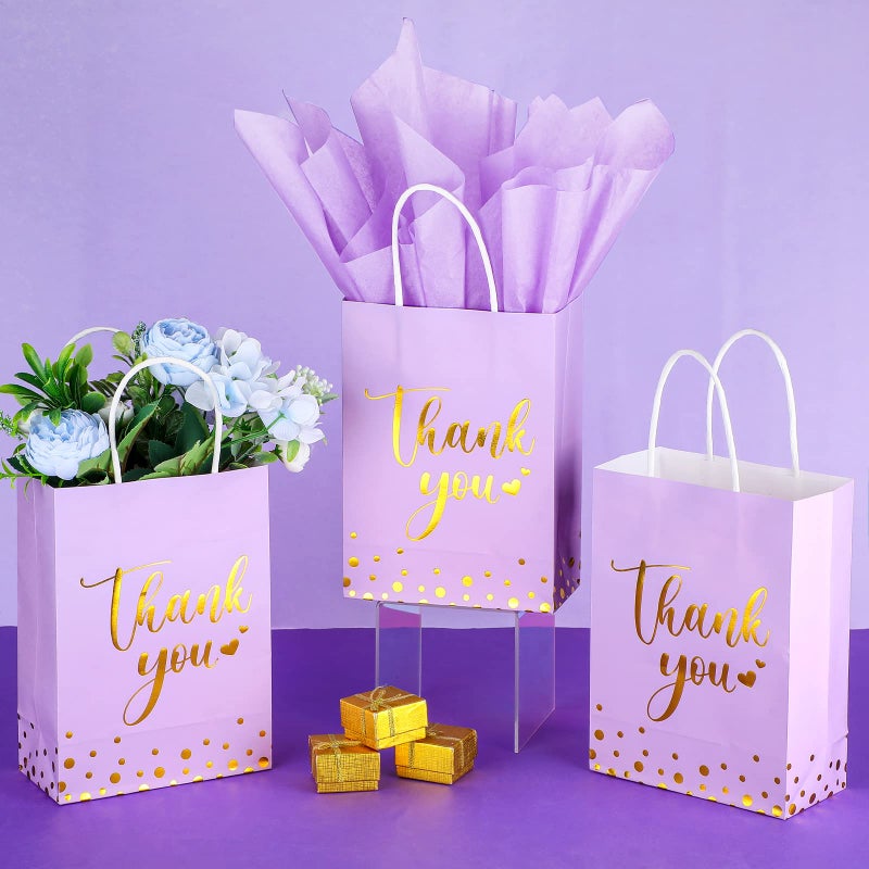 Tinlade 12 Pcs Thank You Gift Bags with Tissue Paper Gold Polka Dots Thank You Bags with Handle Party Favor for Wedding Birthday Baby Shower Business Shopping(Light Purple) - Image 2