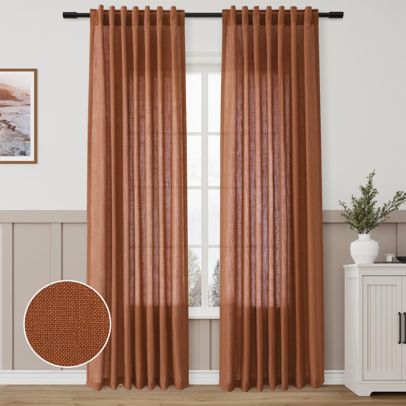 Aersas Boho Terracotta Linen Curtains 2 Panels For Living Room Bab Tab Light Filtering Sheer Window Curtains Traditional Farmhouse Retro Rust Color Room Decor Desert Earthy Tone Drapes 84 Inch Long 52X84 - Image 1