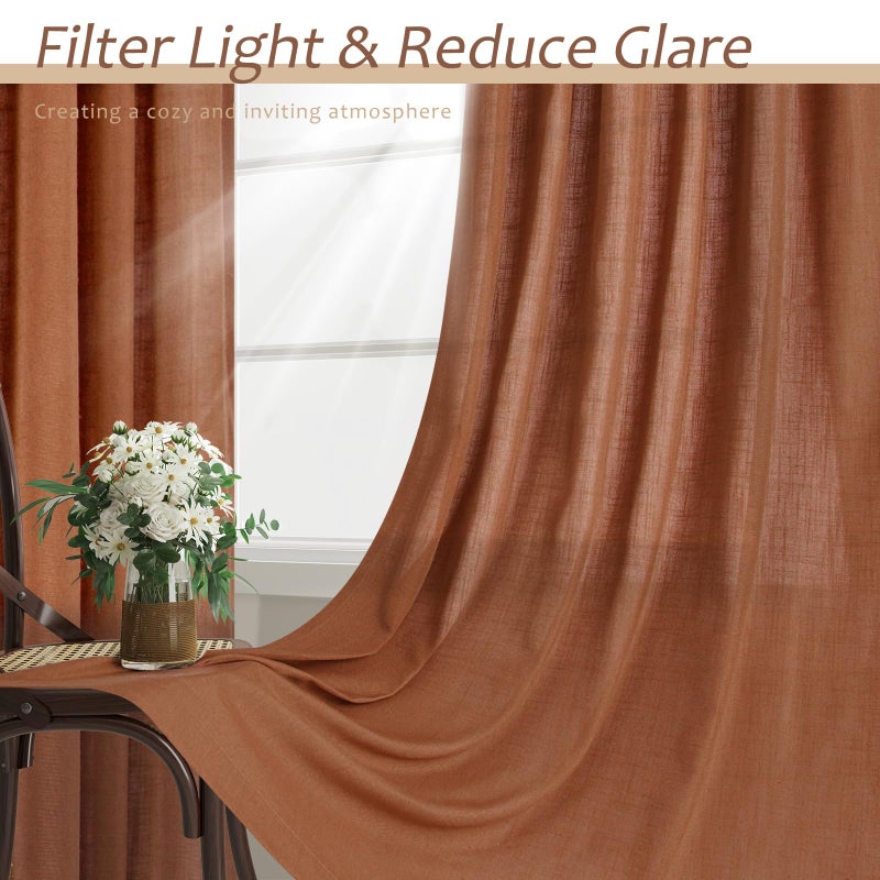 Aersas Boho Terracotta Linen Curtains 2 Panels For Living Room Bab Tab Light Filtering Sheer Window Curtains Traditional Farmhouse Retro Rust Color Room Decor Desert Earthy Tone Drapes 84 Inch Long 52X84 - Image 5