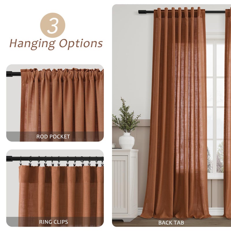 Aersas Boho Terracotta Linen Curtains 2 Panels For Living Room Bab Tab Light Filtering Sheer Window Curtains Traditional Farmhouse Retro Rust Color Room Decor Desert Earthy Tone Drapes 84 Inch Long 52X84 - Image 3