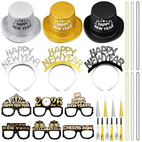 ShinyMatch 39 Pcs New Years Eve Party Supplies 2026 3 Black Silver Gold Top Hats 6 Happy New Year Tiaras 6 Glasses 6 Bead Necklaces 12 Noisemakers 6 Horns for Adults Party Decoration - Image 1