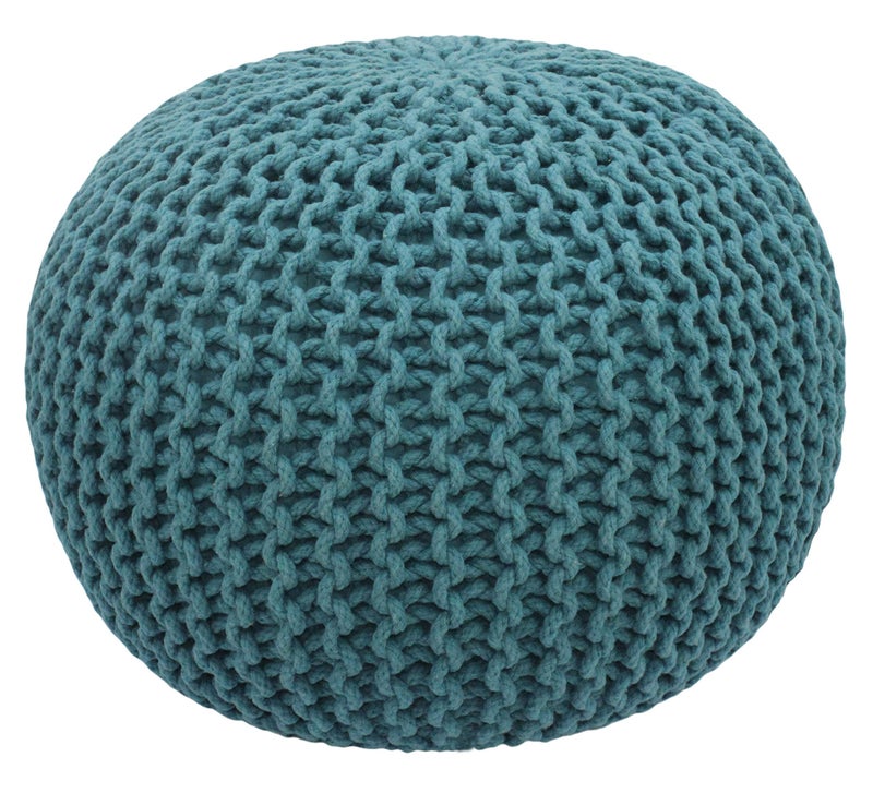 COTTON CRAFT Round Pouf Hand Knitted Cotton Braid Cord Cable Dori Ottoman Foot Stool Floor Pouf Footrest Accent Seat Furniture Bean Bag Living Room Kids Room Nursery Dorm Dcor 20x14 Teal