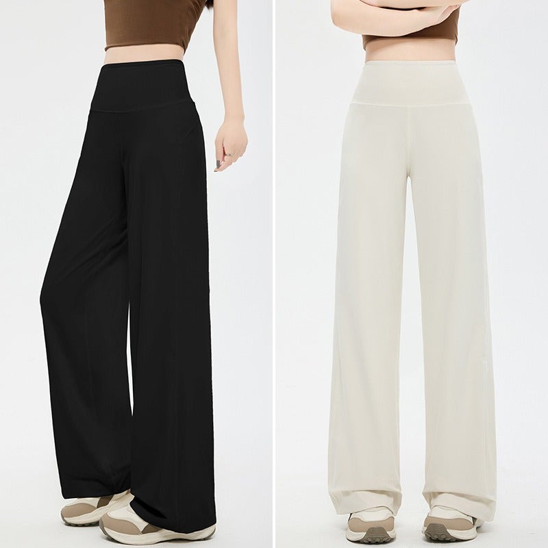 Qi Ta Women's High-Waisted Wide-Leg Yoga Pants with Pockets - Slimming Straight Leg Trousers for Running, Training & Fitness - Image 1