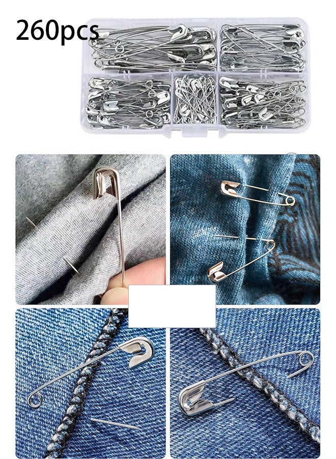 KANGLI 260-Piece Silver Nickel-Plated Safety Pin Assortment Kit, 5 Sizes for DIY Crafts, Sewing, Clothing Fixes, and Emergency Repairs - Image 1