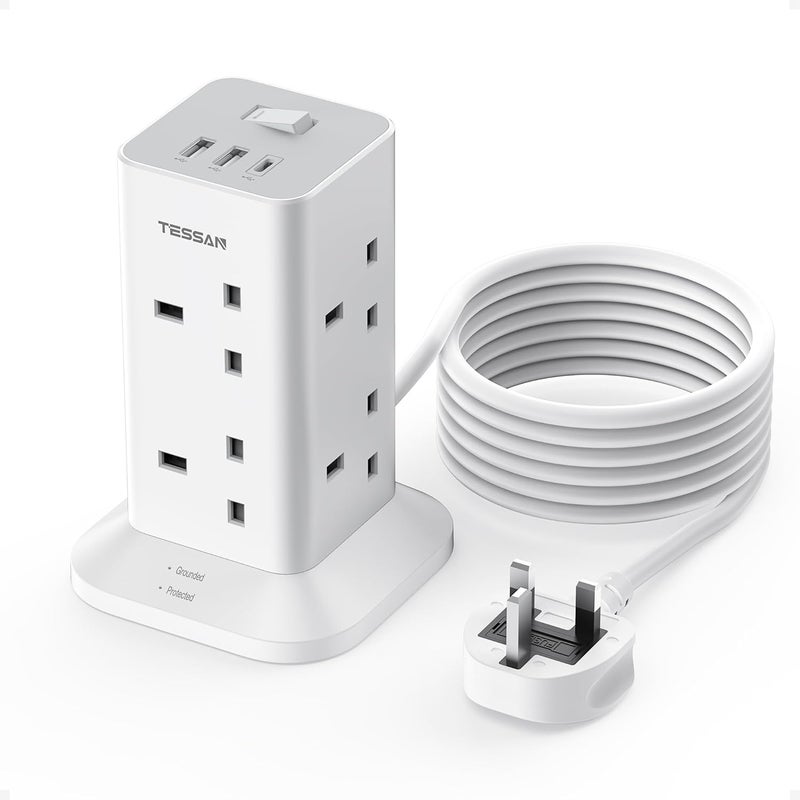 TESSAN Tower Extension Lead 3M with 3 USB Slots, Extension Cable 8 Way Multi Socket Plug with Switch, Surge Protected Power Strip for Home, Office, Kitchen Supplies - Image 1