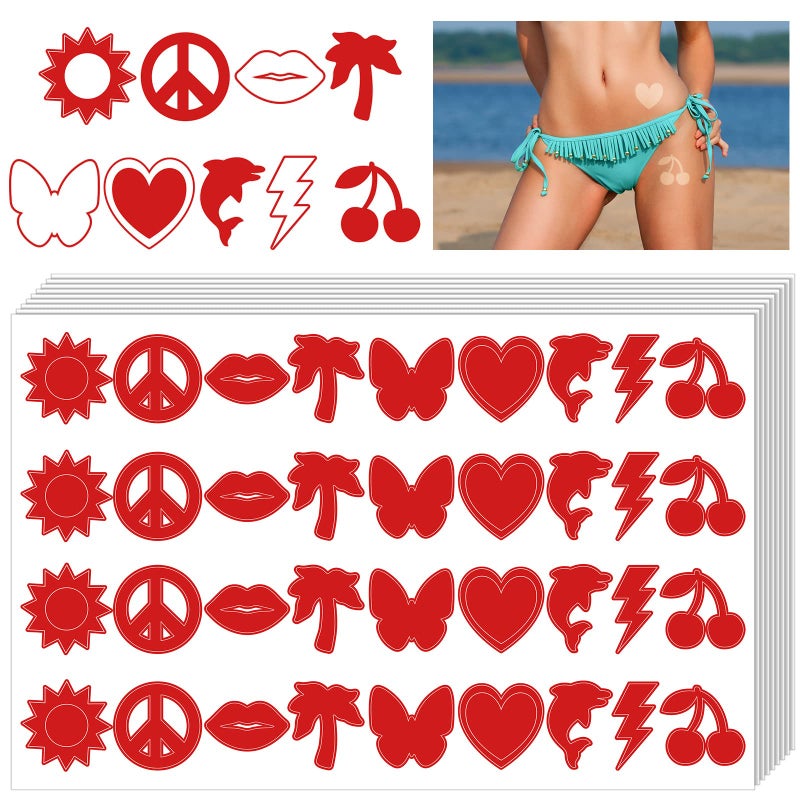 Spakon 720 Pieces Tanning Sunbathing Stickers Perforated Body Self Adhesive Heart Butterfly Lips Tanning Bed Stickers for Face and Beach Accessories 9 StyleRedHeart