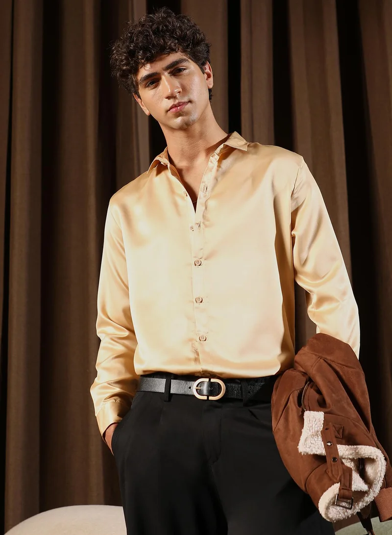Campus Sutra Men Solid-Satin Regular Shirt | Spread Collar , Long Cuffed Sleeves | Button Closure Curved Hem | Solid Plain | Woven Fabric For Party & Evening Wear | Buff Beige