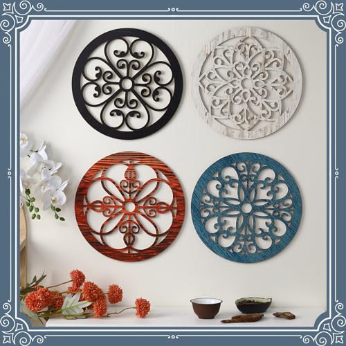 Yulejo 4 Pcs Thicken Rustic Wall Decor Farmhouse Wall Art Wooden Hollow Carved Design Rustic Round Art for Living Room Bedroom Hallway Decor Kitchen157 x 157 Inchgroovy StyleAssorted Color - Image 3