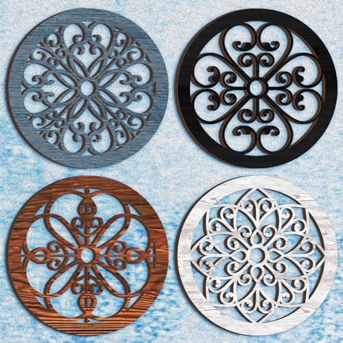 Yulejo 4 Pcs Thicken Rustic Wall Decor Farmhouse Wall Art Wooden Hollow Carved Design Rustic Round Art for Living Room Bedroom Hallway Decor Kitchen157 x 157 Inchgroovy StyleAssorted Color - Image 1