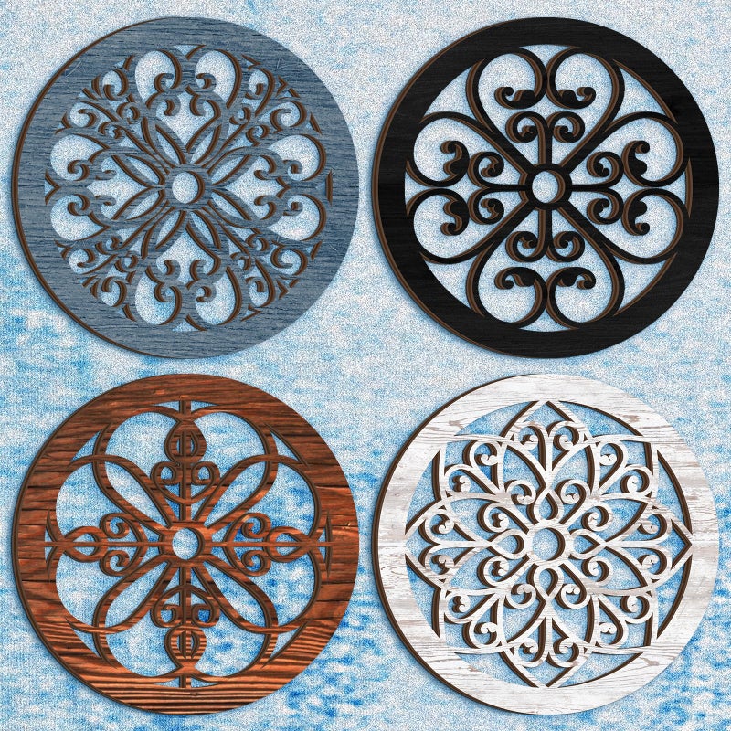Yulejo 4 Pcs Thicken Rustic Wall Decor Farmhouse Wall Art Wooden Hollow Carved Design Rustic Round Art for Living Room Bedroom Hallway Decor Kitchen157 x 157 Inchgroovy StyleAssorted Color - Image 2