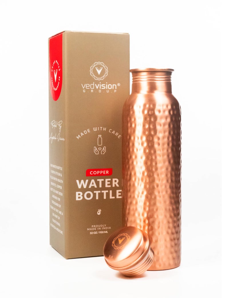 VedVision Copper Water Bottle - 32 Oz Pure Copper Water Bottle for Drinking Hammered Finish Design - Leak-Proof, Travel-Friendly, Wide Mouth - Image 1