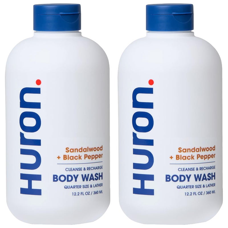 Huron Menâ€™s Moisturizing Body Wash - Clean & Woody Scent of Sandalwood, Black Pepper, Cedarwood, & Amber - Made With Coconut Oil, Vitamin E & Witch Hazel - Vegan, Cruelty-Free - 12.2 fl oz (2 Pack) - Image 1
