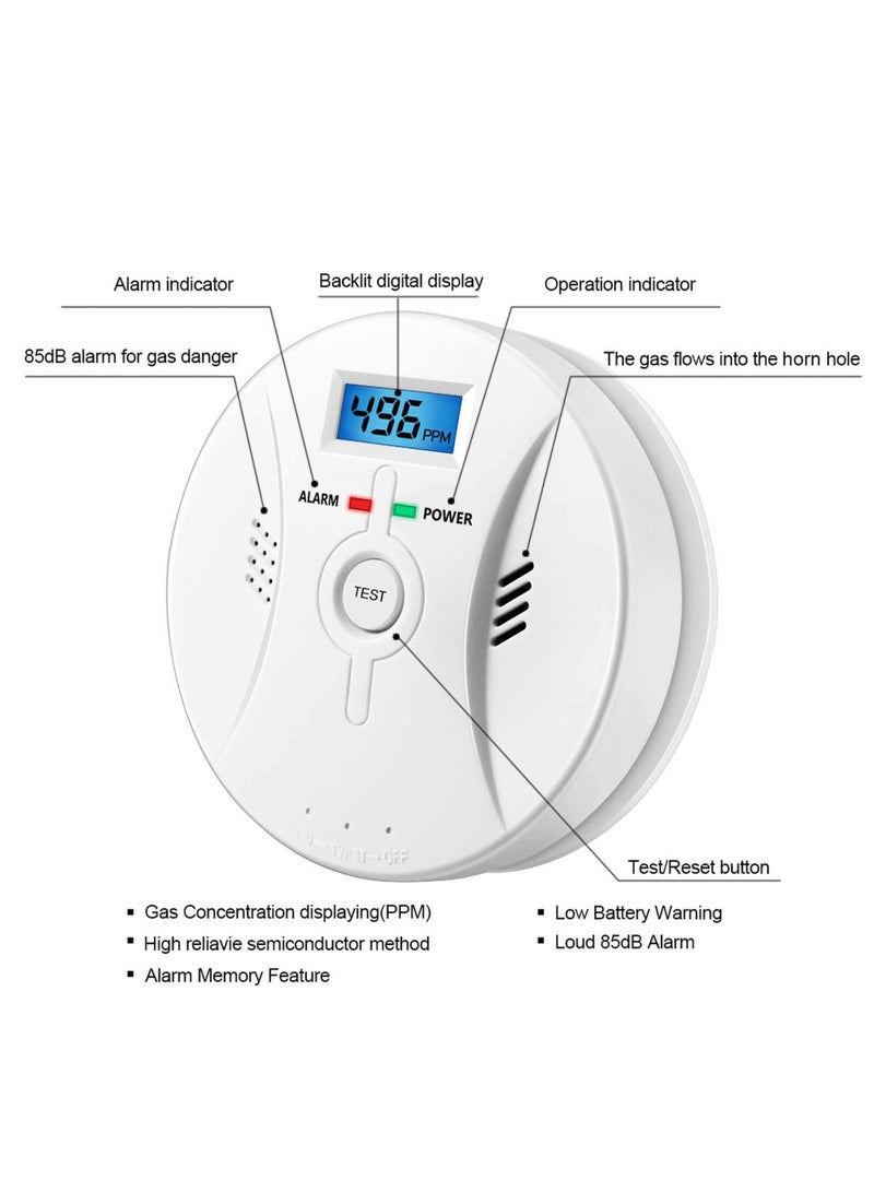 Combination Smok and Carbon Monoxide Detector Alarm Digital Display for Travel Home Bedroom Kitchen 9V Battery Operated White - Image 2